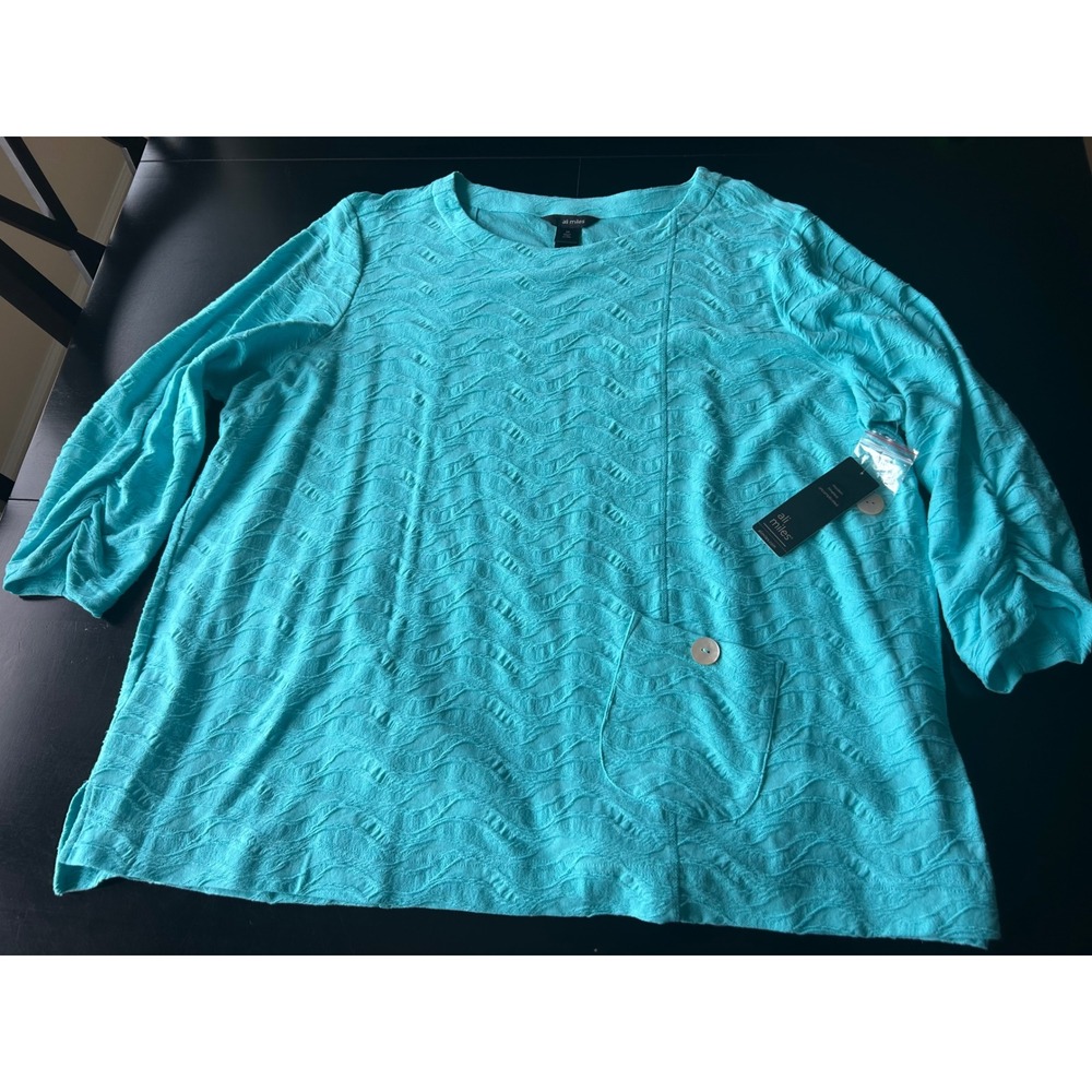 New Ali Miles turquoise blue cotton tunic top Plus Sz 2X‎ texture 3/4 sleeve